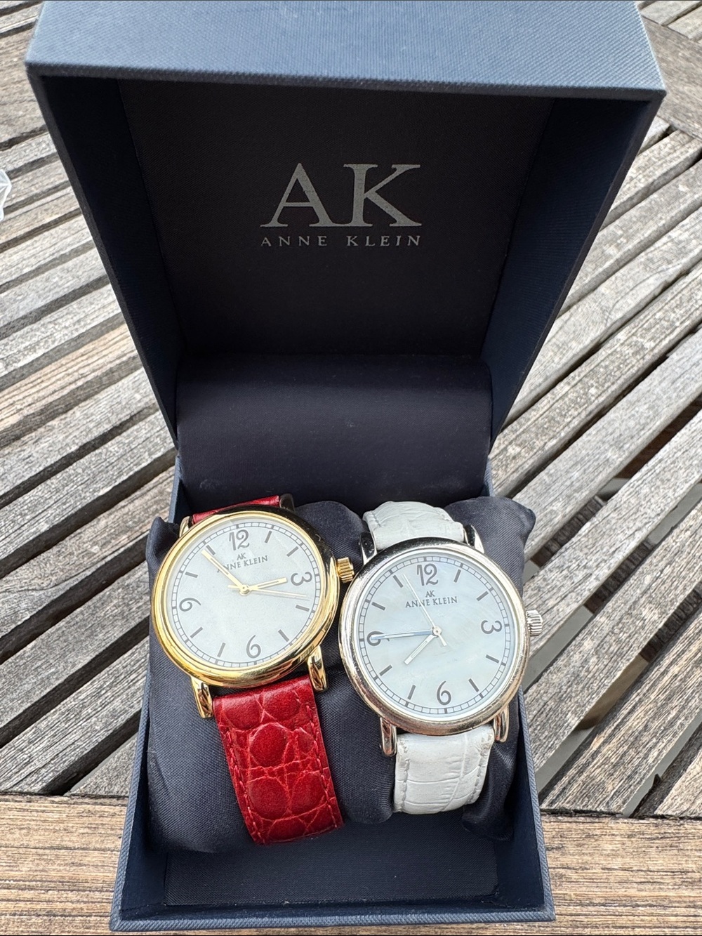 Anne Klein Oyster Shell Face Watch Set: gold and silver options; 3 leather bands